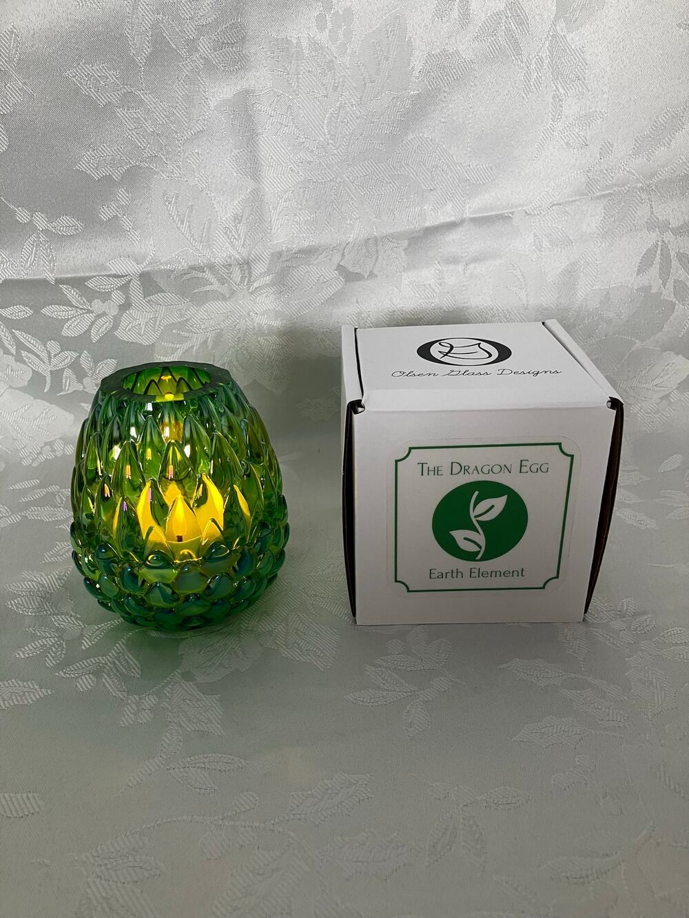 Olsen Glass Dragon Egg Fairy Lamp Earth Element Green Iridescent NIB